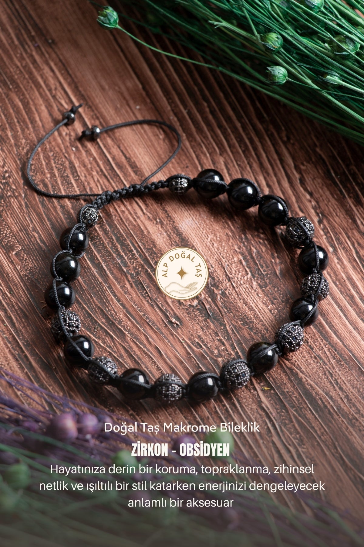 Image of Sertifikalı Zirkon Obsidyen Doğal Taş Makrome Bileklik